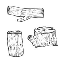 Wood twigs and logs. Tree branches and stumps in hand drawn line art style. Ink contour sketch on white background vector