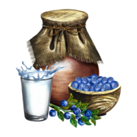 Blueberries with milk. Blueberry yogurt. Still life in a rustic style with a jug, a wooden bowl and a glass of milk. Handmade watercolor illustration. Isolate her. For packages and labels. png