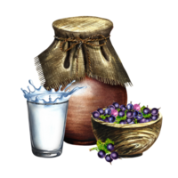 Black currant and milk. Currant yogurt. Still life in a rustic style with a jug, a wooden bowl and a glass. Handmade watercolor illustration. Isolate her. For packages and labels. For banner, stickers png