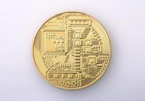 Reverse side golden bitcoin isolated on white background. Digital currency. Symbol of cryptocurrency. photo