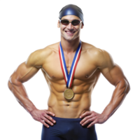 Gold Medal Swimmer Posing in Swim Cap and Goggles png