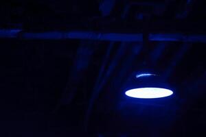Old hanging lamp in the factory at night. Industrial night scene. Attic. Interior style with space for text. photo
