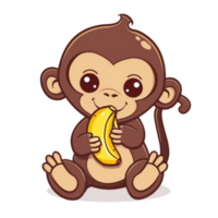Cute cartoon monkey eating a banana. Funny illustration of a primate enjoying a sweet treat. Perfect for children's books, apparel, and toys. png