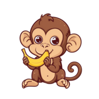 Cute cartoon monkey eating banana. Adorable illustration of primate enjoying fruit. Design for kids products, apparel, or educational materials. png