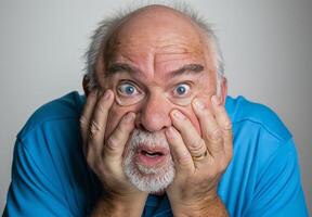 Shocked Elderly Man Expression, Close-Up Portrait in Blue Shirt, Balding with Gray Beard, Dramatic White Background, Emotional Reaction, Surprise, Confusion, Studio Photography photo