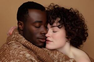 Tender Moment Between Couple Embracing, Multiracial Romantic Connection, Winter Warmth and Comfort, Cozy Brown Background, Intimate Bond, Love and Affection, Close-Up Portrait photo