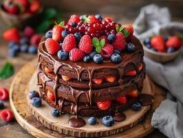 Decadent Chocolate Layer Cake with Fresh Berries and Ganache on Rustic Wooden Table for Summer Holiday Celebration photo