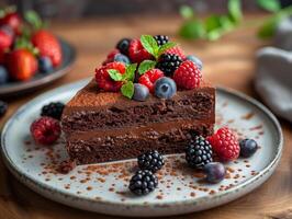 Delicious Multi-Layered Chocolate Cake with Berries and Mint Leaves on a Ceramic Plate, Perfect for Holiday Celebrations or Special Occasions, Featuring Strawberries, Blueberries, and Raspberries photo