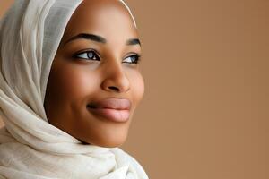 Portrait Of Smiling Woman Wearing White Hijab On Beige Background, Close-Up Of Beautiful Female Face With Natural Makeup, Elegant And Serene Expression, Warm And Inviting Atmosphere, Horizontal photo