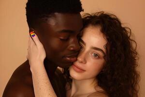 Portrait of Diverse Couple Embracing With Rainbow Pride Nail Art Against Warm Peach Background for Celebrating Love and Inclusivity. Pride day June month love LGBTQ concept. photo