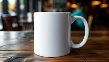 White Ceramic Coffee Mug on Rustic Wooden Table in Cozy Cafe, Perfect for Coffee Shops, Restaurants, or Home Kitchen Decor, Featuring Soft Background Blur and Warm Ambiance photo