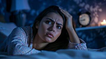 Distressed Young Woman in Bed at Night Suffering From Insomnia, Pensive Expression, Low-Light Bedroom Scene with Alarm Clock, Nighttime Worry and Anxiety, Sleeplessness Concept photo