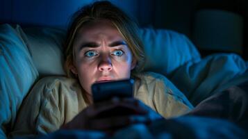 Woman Shocked Reading News Expression While Looking At Smartphone Screen in Dimly Lit Bedroom at Night, Cozy Blanket, Blue Light Glow, Emotional Reaction photo