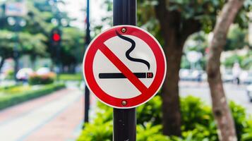 No Smoking Sign On Urban Lamppost With Blurred City Background Featuring Trees, Sidewalk, And Traffic Lights photo