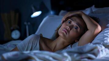 Insomniac Woman Lying Awake in Bed at Night, Looking Stressed Under Lamp Light, Battling Sleeplessness photo