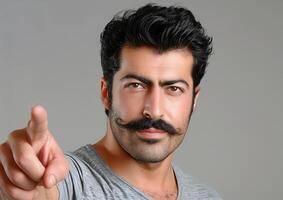 Portrait of a Man with Mustache Pointing Forward Confidently on Gray Background, Featuring Casual Attire and Intense Expression, Studio Photography photo