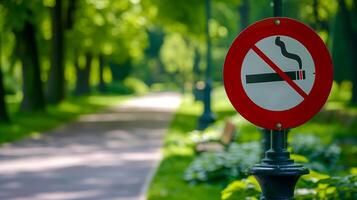 No Smoking Sign In Serene Green Park With Sunlit Pathway On A Bright Summer Day, Emphasizing Health Awareness And Clean Environment photo