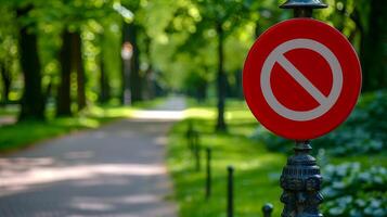 No Entry Sign Post Along Tree-Lined Path in Sunlit Park, Greenery, Summer, Calm Outdoor Scene photo
