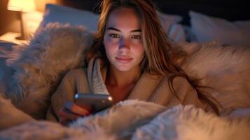 Young Woman Relaxing in Cozy Bedroom, Using Smartphone on Comfortable Bed with Warm Lighting, Enjoying Evening Indoors photo