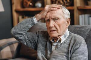 Overhead Pain Elderly Senior Man in Grey Sweater Expressing Confusion and Forgetfulness While Sitting on Couch in Cozy Home Interior photo