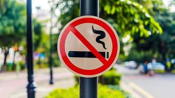 No Smoking Sign on a Pole Outdoors on a Bright Day in a Park Setting with Trees Blur Background photo