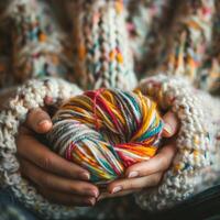 Cozy Winter Yarn Close-Up In Woman's Hands, Woolen Knitting, Multicolored Threads, Warm Sweater Texture, Handicraft Project, Holiday Season, Soft Focus, Artistic Warmth photo
