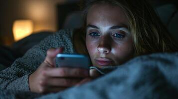 Woman Using Smartphone in Bed at Night with Soft Lighting, Cozy Blanket, Focused Expression, Modern Life, Evening Routine, Domestic Environment, Relaxing Atmosphere, Blue Light from Screen photo