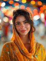 Beautiful Woman Smiling in Vibrant Ethnic Attire with Colorful Lights in Background, Capturing Festive Spirit and Joyful Expressions in a Cultural Market Setting photo
