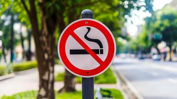 No Smoking Sign on Busy Street with Lush Green Trees and Roadside Scenery on a Sunny Day photo