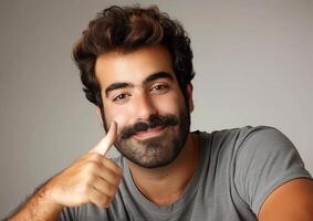 Portrait of Smiling Man Showing Thumbs Up with Thick Beard and Mustache in Casual Gray Shirt, Isolated on White Background photo