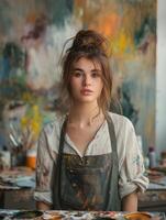 Artistic Portrait of Female Painter in Studio, Wearing Paint-Splattered Apron, Surrounded by Colorful Brushes and Canvases, Expressive Brush Work, Creative Vibe, Creative Art Studio, Bold Colors photo