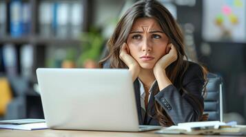 Stressed Businesswoman at Desk with Laptop in Office, Feeling Overwhelmed and Anxious, Reflecting Work Pressure and Mental Health Challenges, Professional Environment, Corporate Life Stress Management photo