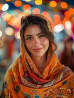 Woman in Colorful Scarf at Festive Night Market with Bokeh Lights During Holiday Celebration photo