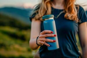 Woman Holding Blue Water Bottle Outdoors in Nature Mountain Landscape, Healthy Lifestyle, Eco-friendly, Green Background, Relaxing Hiking Experience, Summer Day Adventure, Vibrant photo