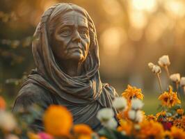 Solemn Bronze Statue Of Elderly Woman Surrounded By Vibrant Yellow And Orange Flowers In Soft Golden Hour Sunset Glow photo