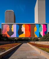 Women's Equality Day. Dynamic Urban Mural Depicting Colorful Silhouettes Against High-Rise Architectures at Daytime in Cityscape photo