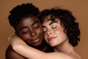 Lesbian Couple Hugging on Brown Background, Celebrating Friendship, Love, Diversity, Happy Expressions, Intimate Moment Captured In Studio Setting Warm Colors, Inclusive Representation. LGBTQ concept. photo
