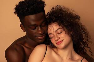 Intimate Portrait of Smiling Couple Embracing Against Warm Beige Background, Expressing Love and Joy photo