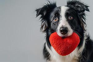 Adorable Black And White Border Collie Holding Red Heart-Shaped Plush Toy In Mouth, Close-Up Portrait On Light Gray Background, Perfect For Valentine's Day, Pet Love Concept, High-Resolution photo