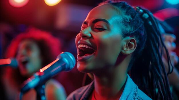 africano americano hembra karaoke cantante ejecutando en etapa debajo vistoso luces con banda en antecedentes a En Vivo concierto foto