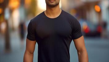 Man in Black T-Shirt Mockup Blank Template on Blurred Urban Street Background with Bokeh Evening Lights and Soft Focus photo