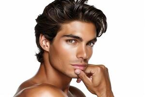 Handsome Young Man with Brown Hair and Perfect Skin in Thoughtful Pose on White Background - Studio Portrait, Beauty, Facial Expression, Masculine Charm, Close-Up Photography photo