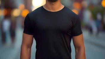 Close-Up of Man Wearing Black T-Shirt in Urban Street Setting During Golden Hour With Bokeh Background photo