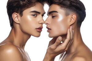Two Young Men Touching Faces with Radiant Skin on isolated White Background for Concept of Beauty, Romance photo