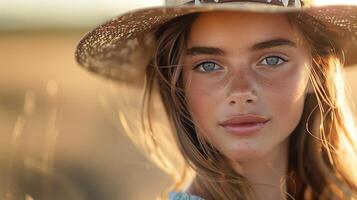 Beautiful Young Woman with Freckles Wearing Straw Hat in Warm Sunlight, Serene Summer Portrait on Golden Field Background photo