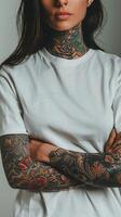 Stylish Woman with Arm and Neck Tattoos in White T-Shirt, Intricate Tattoo Art, Edgy Fashion Statement, High-Resolution Stock Photo for Print and Web Use