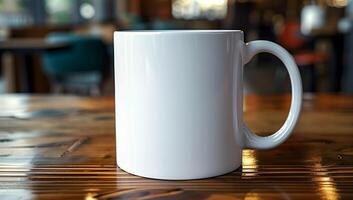 Crisp White Mug on Wooden Table in Cozy Cafe Setting with Warm Ambient Lighting for Branding or Mockup Design photo
