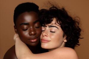 Tender Moment Between Diverse Women with Closed Eyes on Warm Brown Background in Studio Portrait Celebrating Unity and Friendship photo
