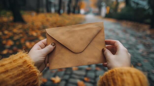 Hands Holding a Brown Envelope on an Autumn Street with Fallen Leaves in the Background photo