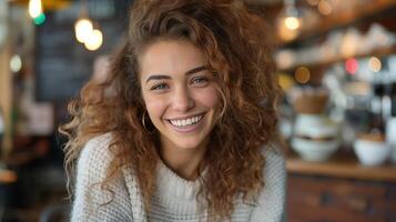 Smiling Woman With Curly Hair in Cozy Sweater at Cafe With Warm Lighting and Soft Focus Background, Emulating a Casual and Friendly Atmosphere for Social Media, Blog Posts, or Lifestyle Content photo